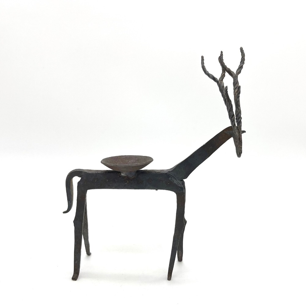 Vintage Hand Forged Wrought Iron Gazelle Antelope Candle Holder Brutalist Decor